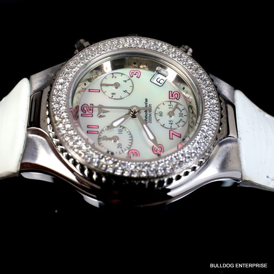 Ladys Technomarine 128 Diamonds Swiss Made Chrono White MOP Leather Watch New