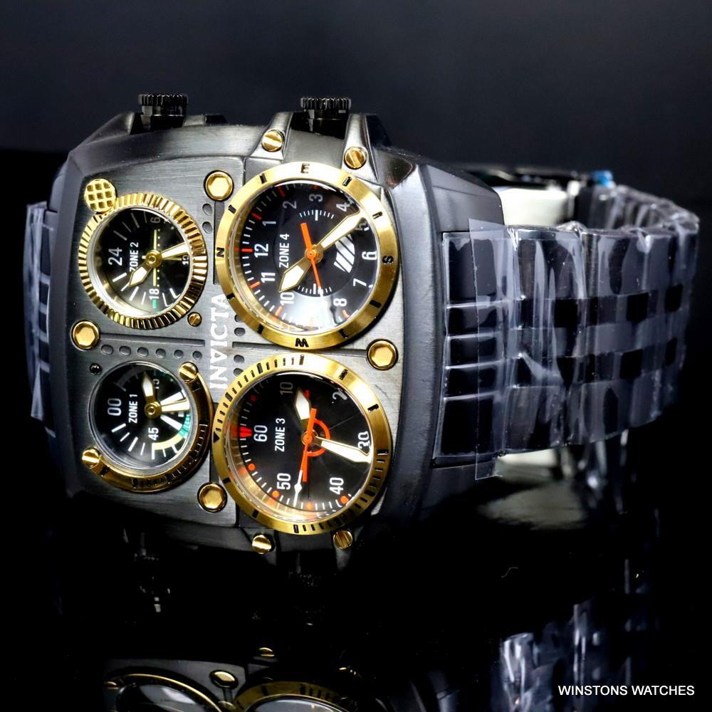 Invicta Aviator Zulu Black Stainless Steel Bracelet Quad Time 50mm Watch New