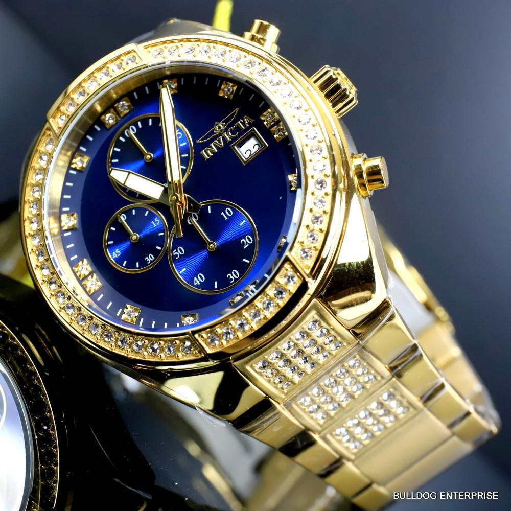 Invicta Specialty Crystal Accented Gold Plated Steel Blue 45mm Chrono Watch New