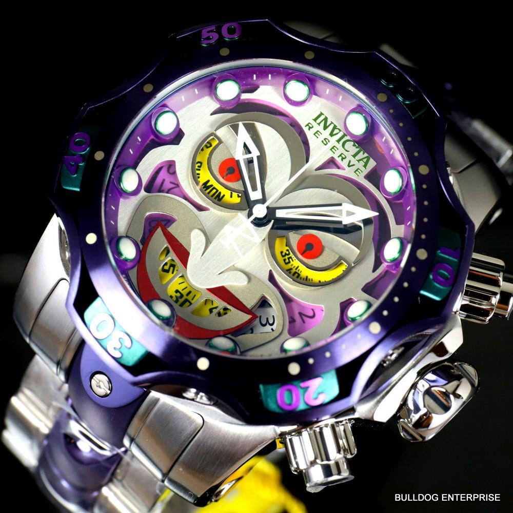 Invicta DC Comics Joker Venom Silver Tone Steel Purple Swiss Mvt 52mm Watch New