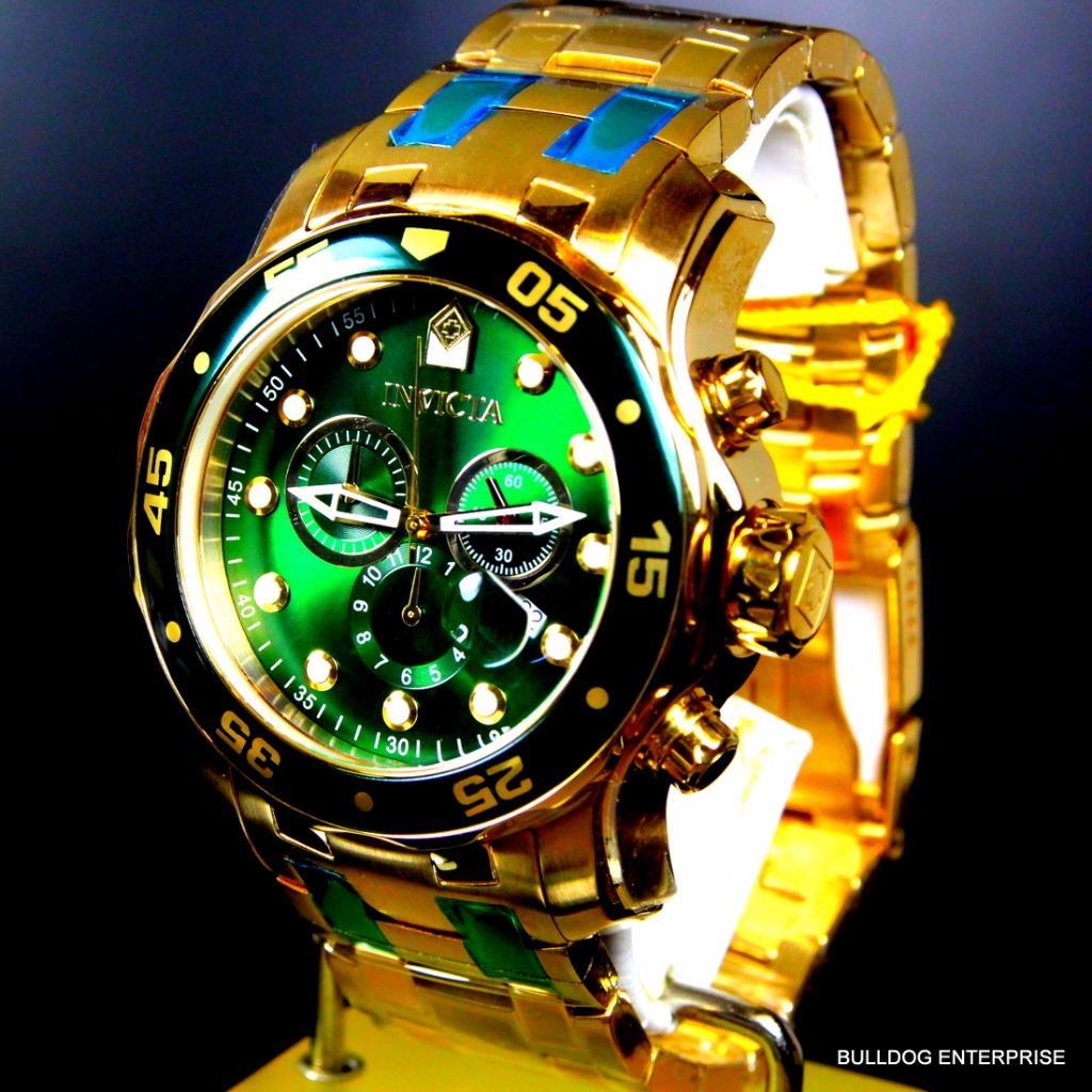 Mens Invicta Pro Diver Scuba 18kt Gold Plated Chronograph Green 48mm Watch New