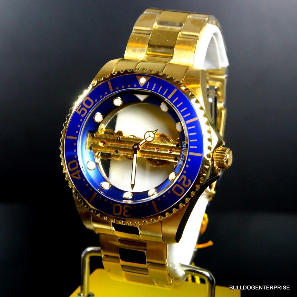 Invicta Pro Diver Ghost Bridge Mechanical Gold Plated Skeleton Blue Watch New