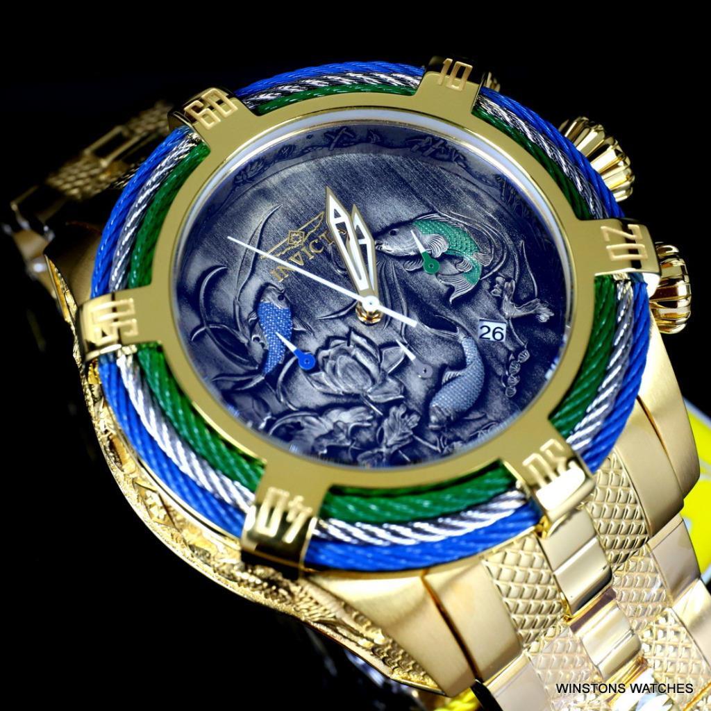 Invicta Bolt Tri Cable Green Blue Koi 54mm Gold Plated Steel Chrono Watch New