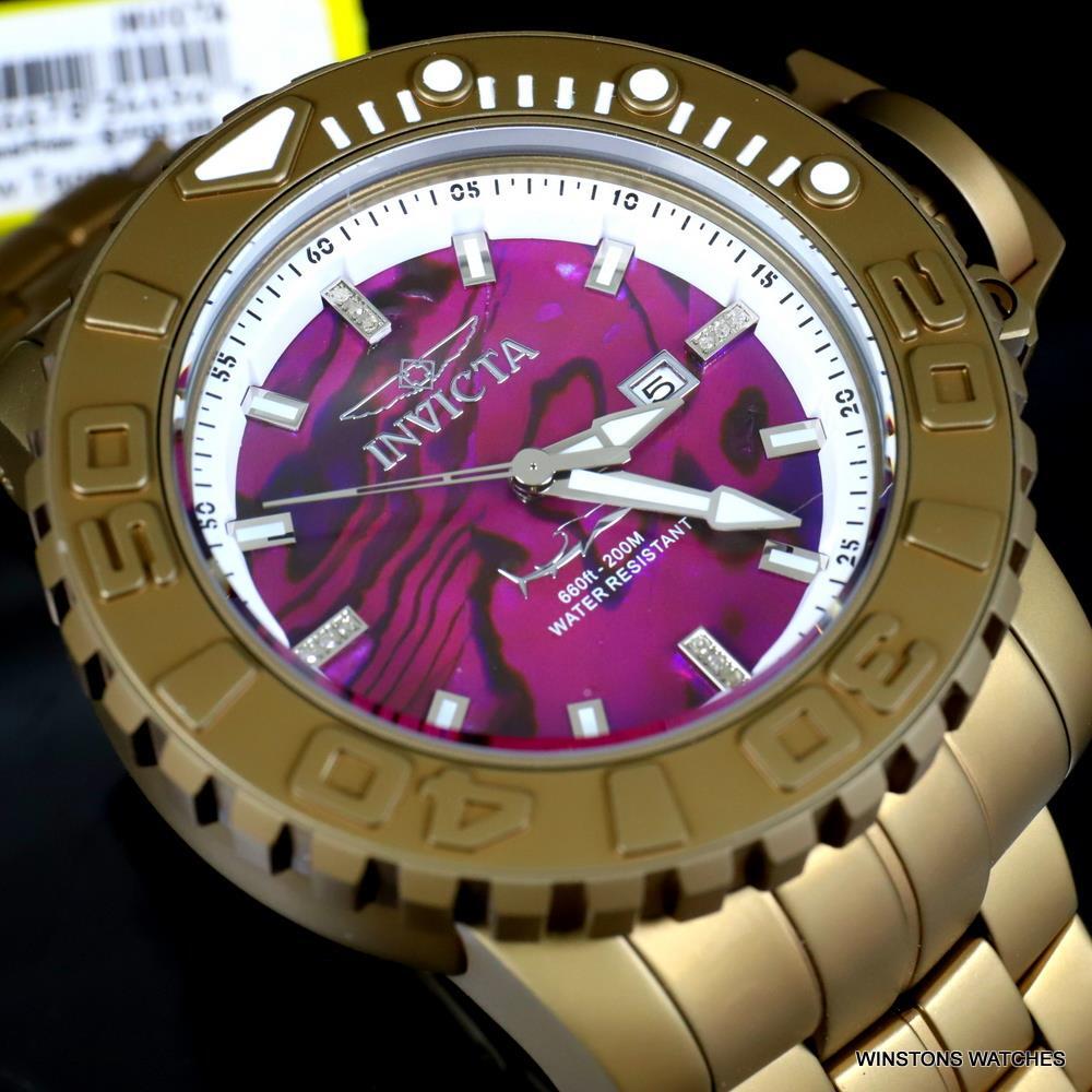 Invicta Sea Hunter Purple Abalone Khaki Steel Automatic Diamond 58mm Watch New