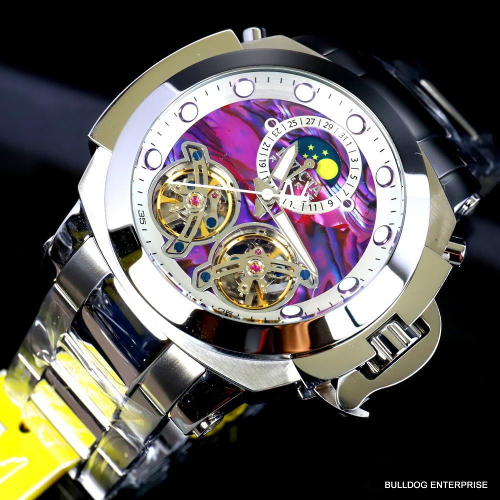 Invicta Man of War Double Open Heart Automatic Moon Purple Abalone Watch New