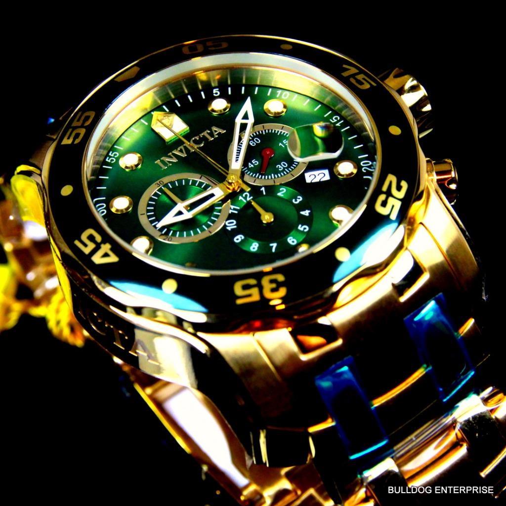 Mens Invicta Pro Diver Scuba 18kt Gold Plated Chronograph Green 48mm Watch New