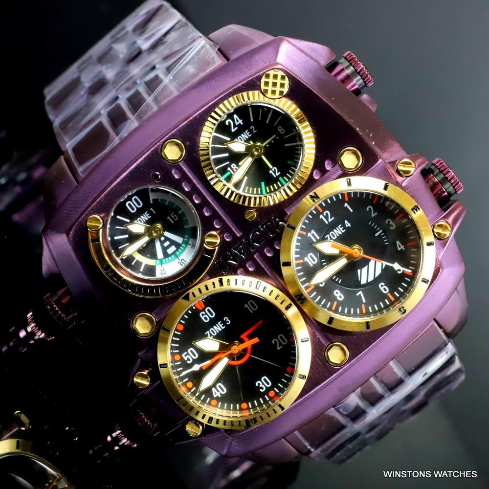 Invicta Aviator Zulu Purple Stainless Steel Bracelet Quad Time 50mm Watch New