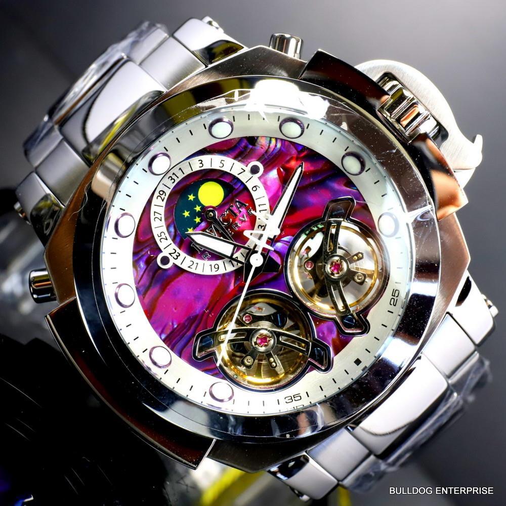 Invicta Man of War Double Open Heart Automatic Moon Purple Abalone Watch New