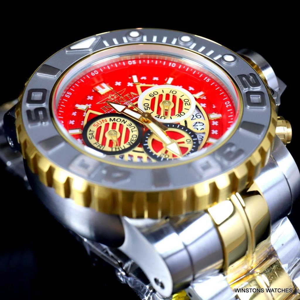 Invicta Sea Hunter II 70mm Two Tone Gold Plated Steel Red Swiss Mvt Watch New