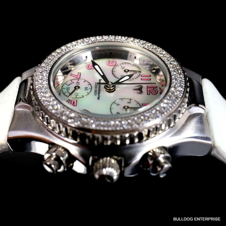 Ladys Technomarine 128 Diamonds Swiss Made Chrono White MOP Leather Watch New