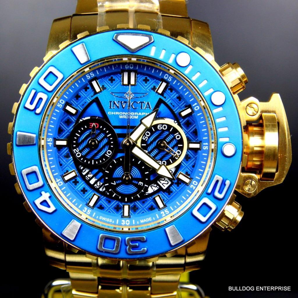 Invicta Sea Hunter III Blue 70mm Swiss Movement Chrono Gold Plated Watch New