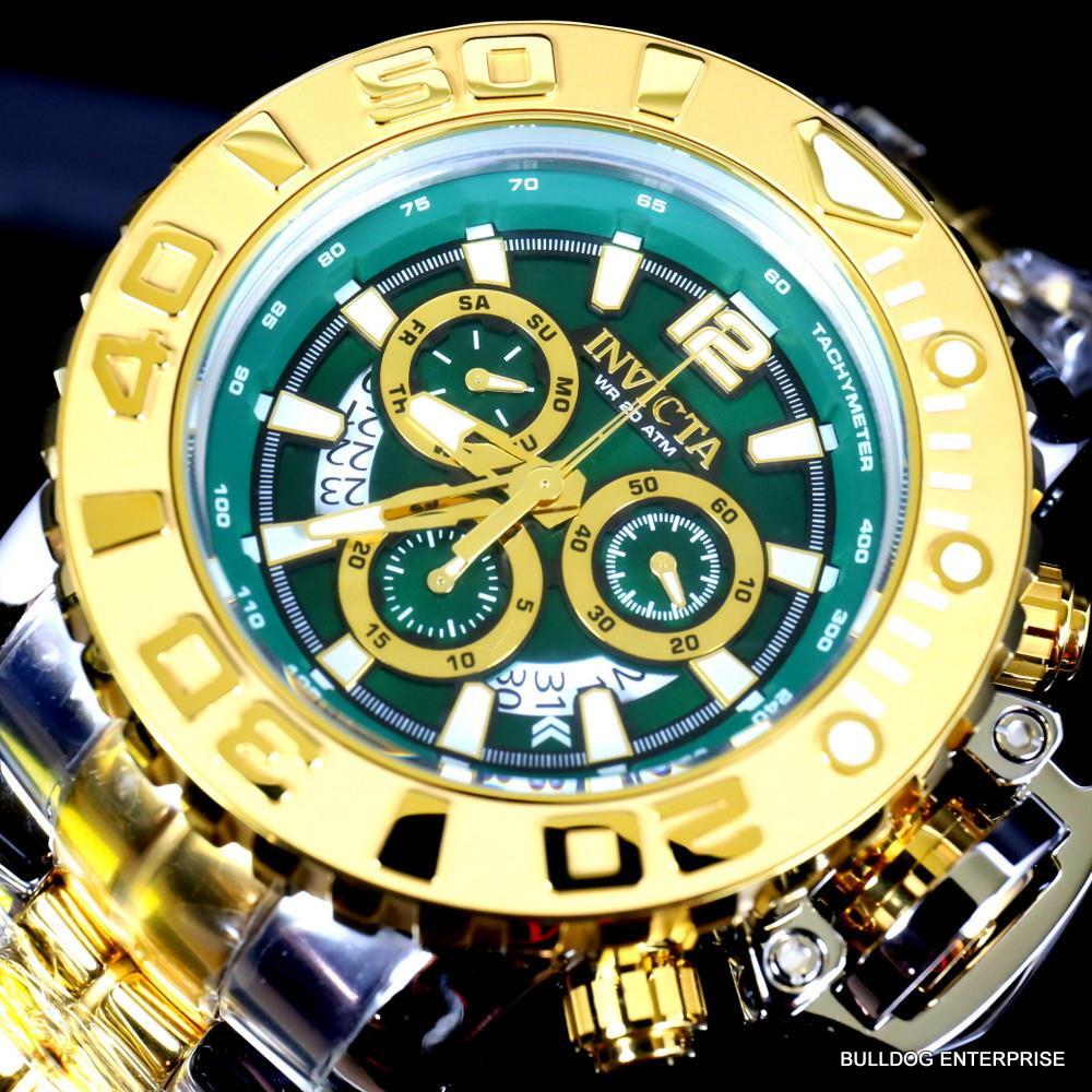 Men's Invicta Sea Hunter Gen II Green 2 Tone Gold Plated 70mm Swiss Watch New