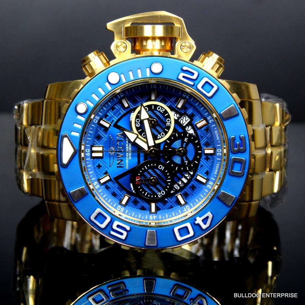 Invicta Sea Hunter III Blue 70mm Swiss Movement Chrono Gold Plated Watch New