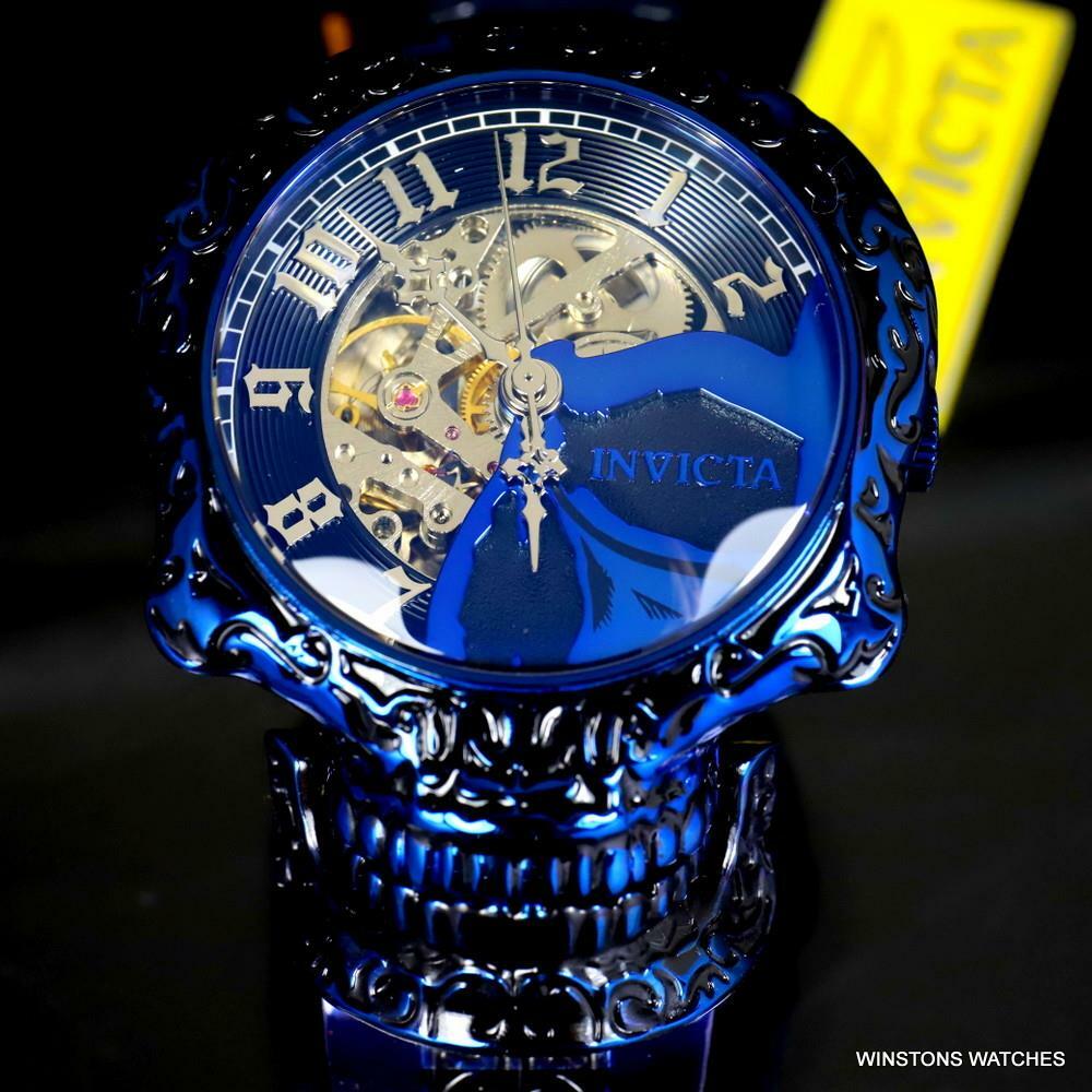 Invicta Artist Skull Automatic Skeletonized Blue Stainless Steel 50mm Watch New