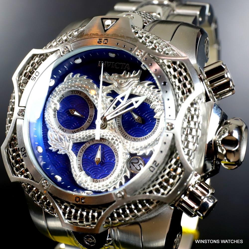 Invicta Venom Dragon Scale Swiss Mvt Chrono Stainless Steel 52mm Blue Watch New