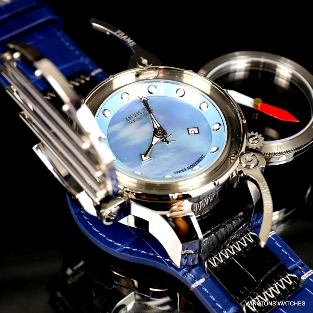 Invicta Russian Diver Compass Platinum MOP Blue Leather 52mm Swiss Mvt Watch New