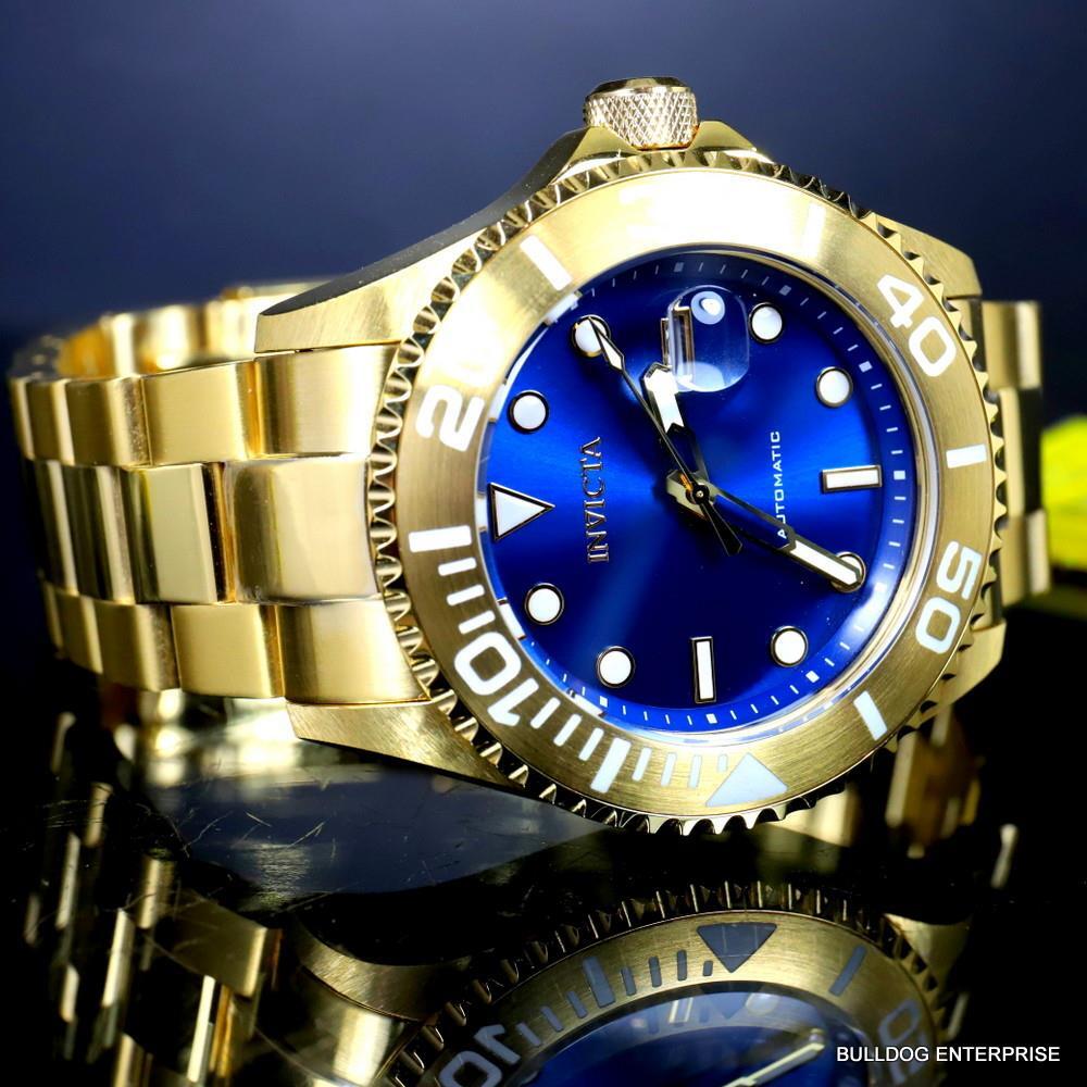 Mens Invicta Pro Diver Gold Plated Steel Bracelet Automatic Blue Watch 47mm New