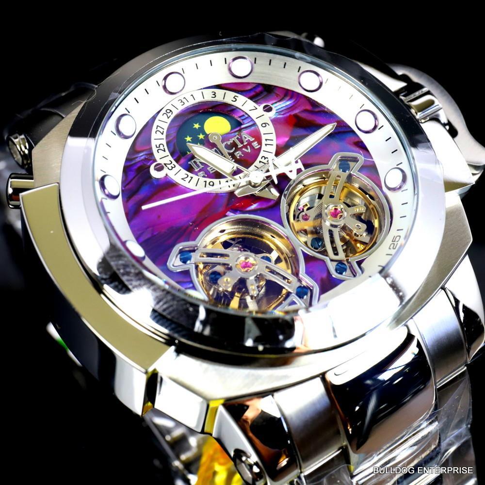 Invicta Man of War Double Open Heart Automatic Moon Purple Abalone Watch New