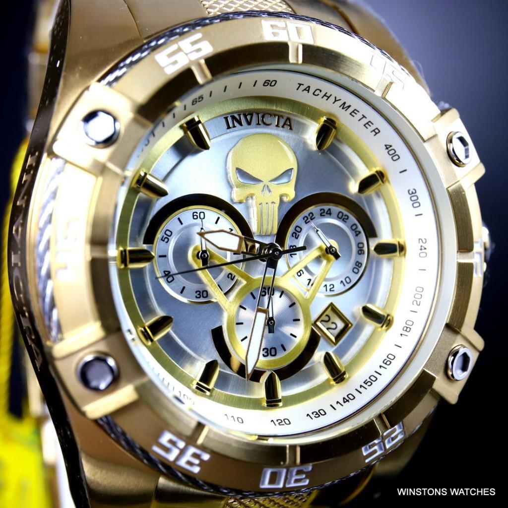 Invicta Marvel Punisher Speedway Viper Chrono Gold Plated Steel 52mm Watch New
