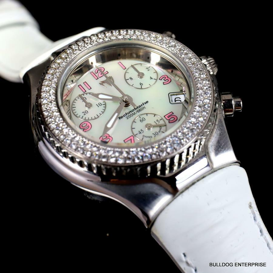Ladys Technomarine 128 Diamonds Swiss Made Chrono White MOP Leather Watch New