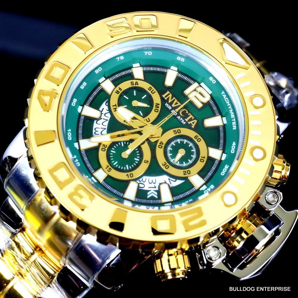 Men's Invicta Sea Hunter Gen II Green 2 Tone Gold Plated 70mm Swiss Watch New