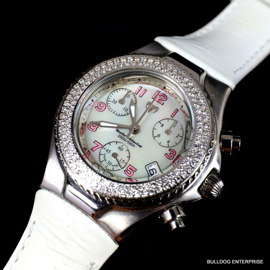 Ladys Technomarine 128 Diamonds Swiss Made Chrono White MOP Leather Watch New