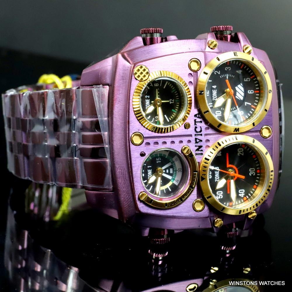 Invicta Aviator Zulu Purple Stainless Steel Bracelet Quad Time 50mm Watch New