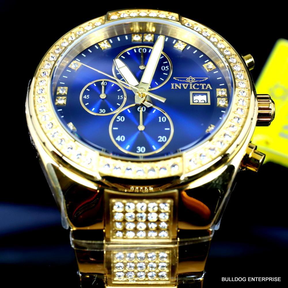 Invicta Specialty Crystal Accented Gold Plated Steel Blue 45mm Chrono Watch New