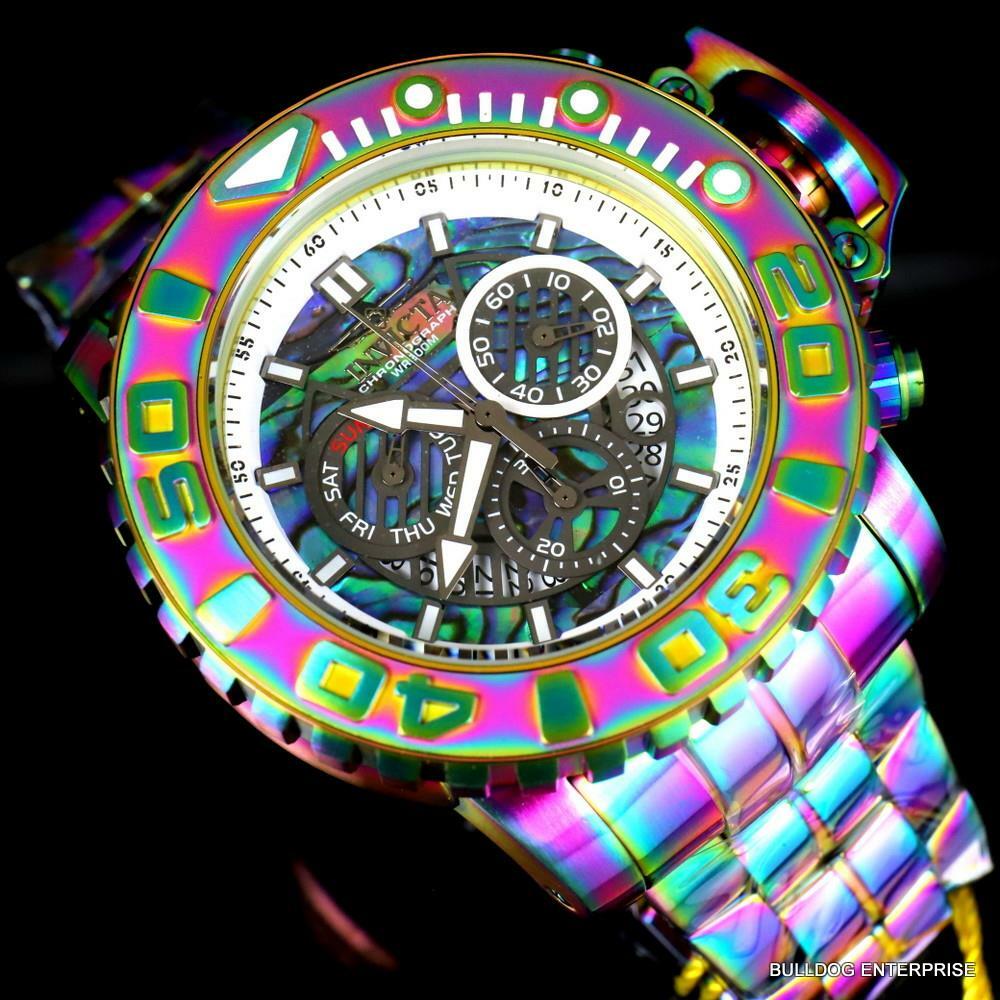 Invicta Sea Hunter Abalone Iridescent Steel 58mm Swiss Chronograph Watch New