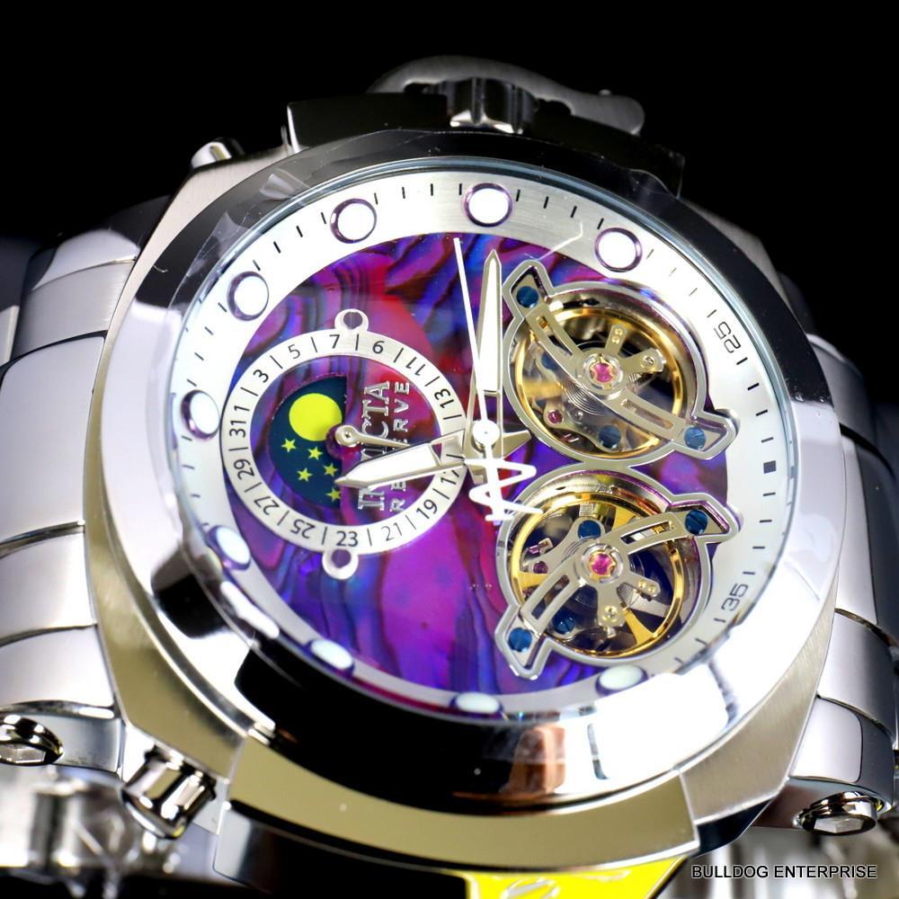 Invicta Man of War Double Open Heart Automatic Moon Purple Abalone Watch New