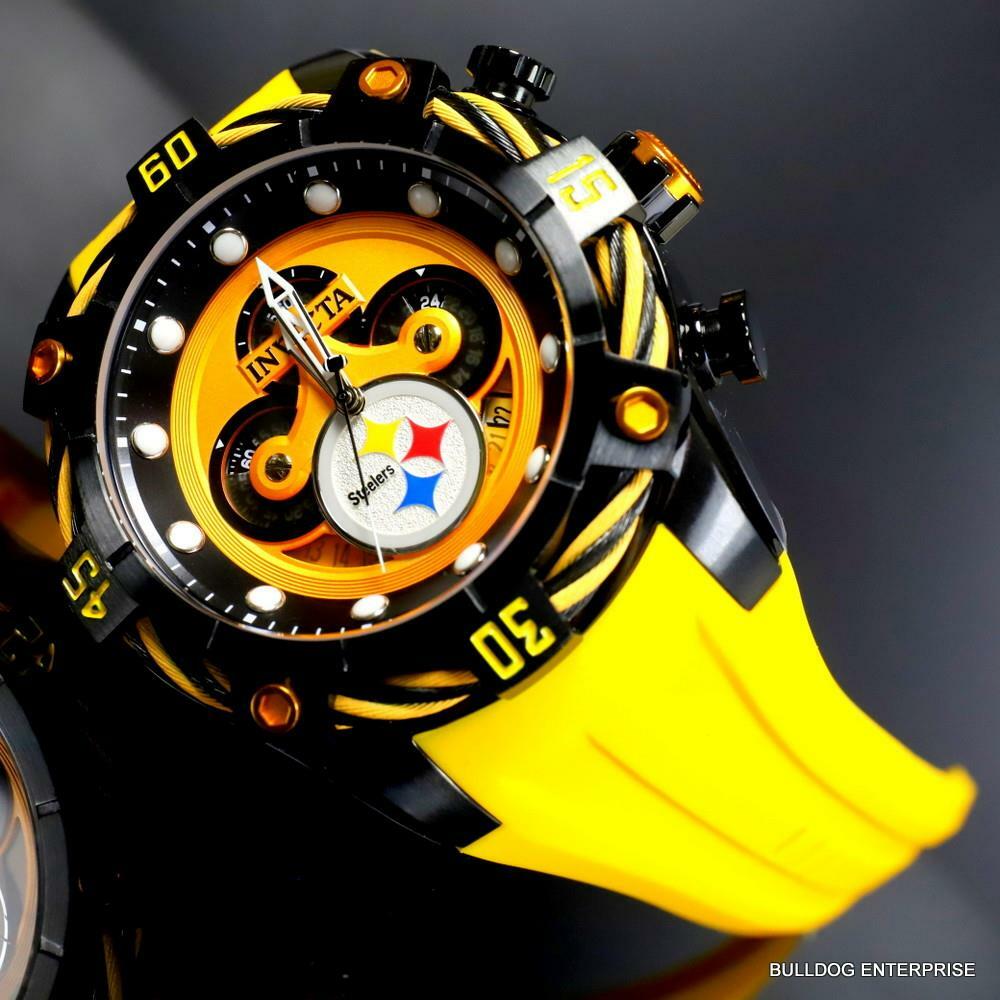 Invicta NFL Pittsburgh Steelers Bolt Yellow Chronograph Silicone Watch 52mm New