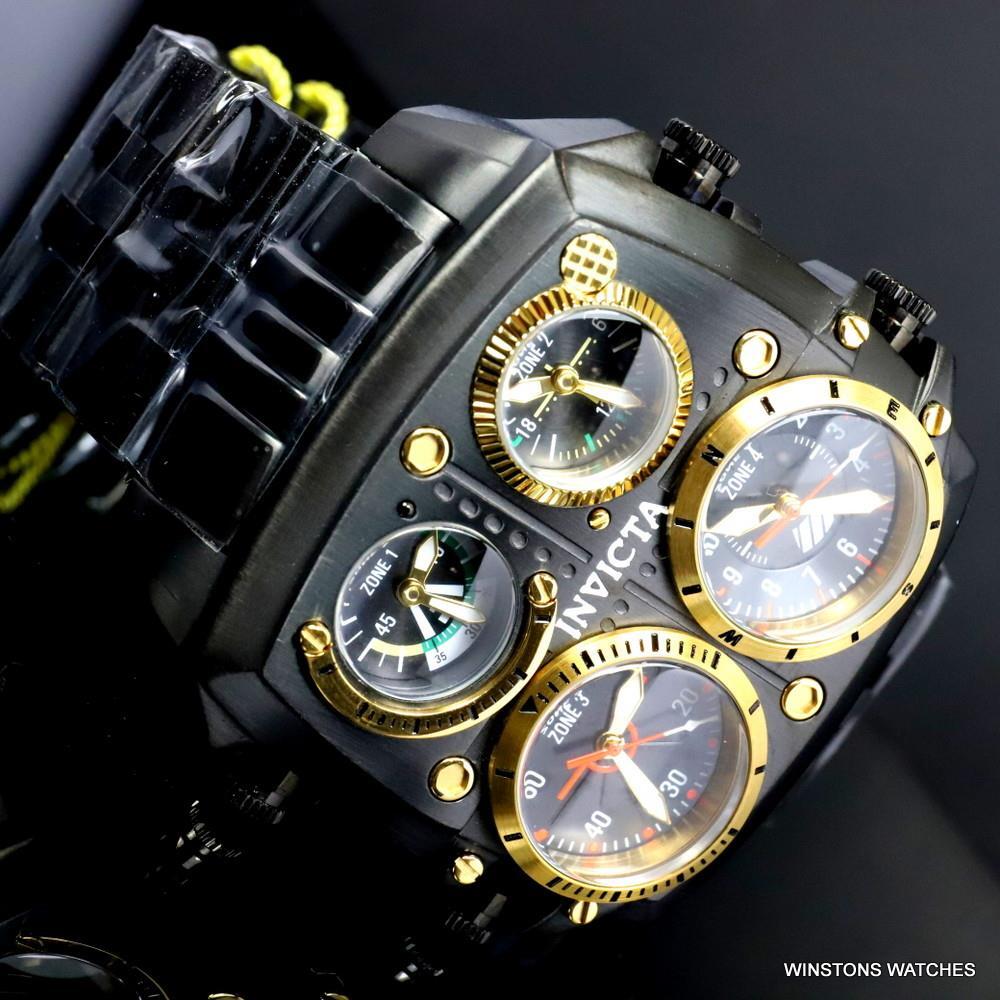 Invicta Aviator Zulu Black Stainless Steel Bracelet Quad Time 50mm Watch New