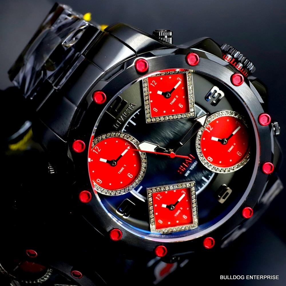 Invicta Shaq Diamond 5 Time Zone Red MOP Black Steel Chronograph 58mm Watch New