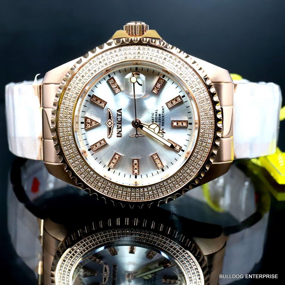 Invicta Pro Diver Automatic1.40 CTW Diamond Rose Gold Plated Silver Watch New