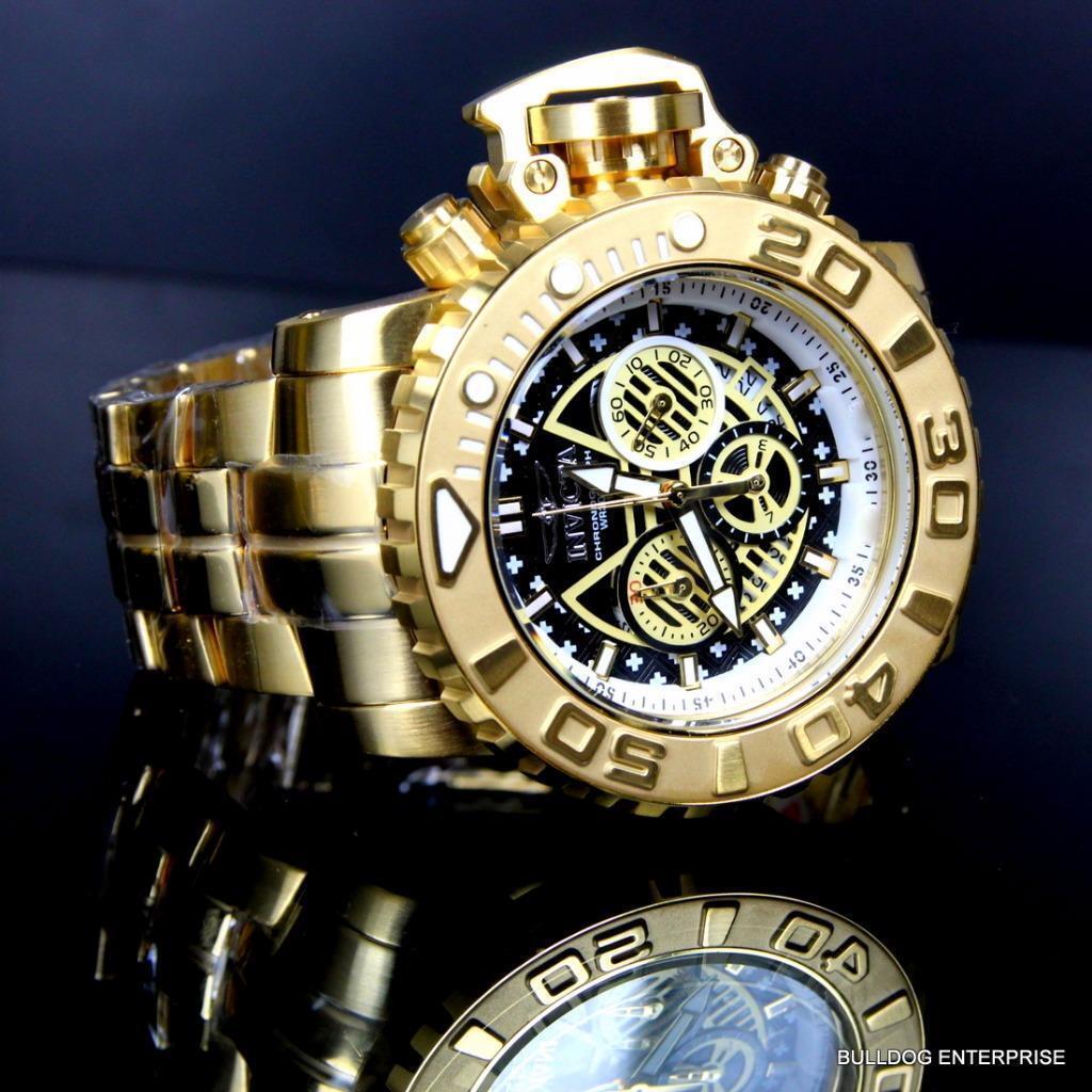 Invicta Sea Hunter III Black 70mm Swiss Mvt Chrono 18kt Gold Plated Watch New