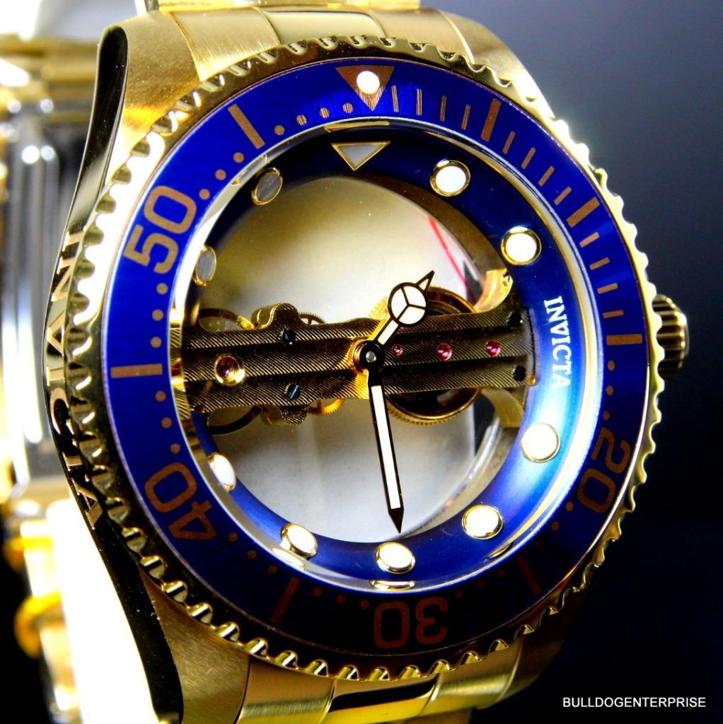 Invicta Pro Diver Ghost Bridge Mechanical Gold Plated Skeleton Blue Watch New