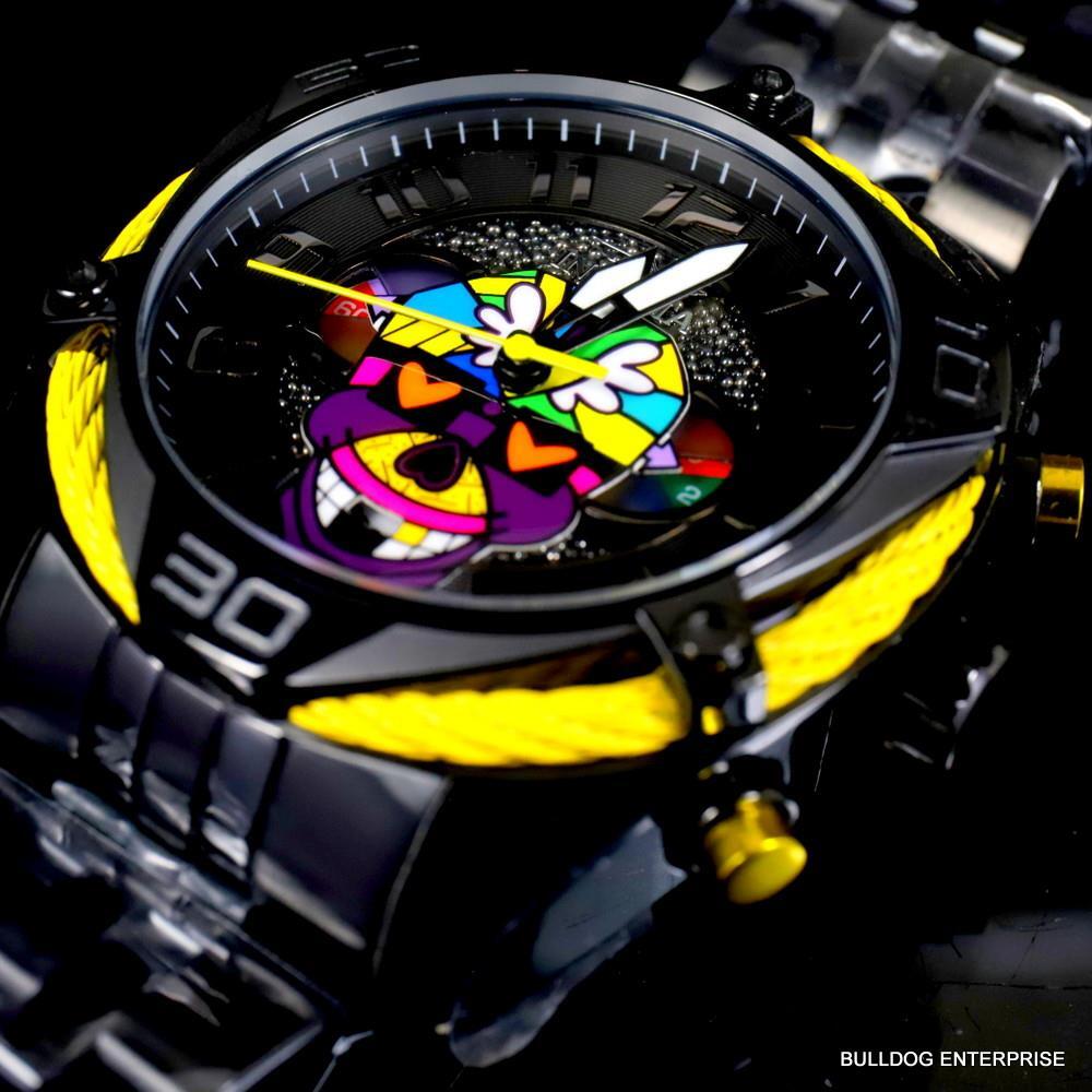 Invicta Romero Britto Modern Art Skull 47mm Black Stainless Steel Watch New