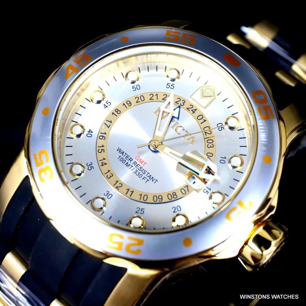 Invicta Pro Diver Scuba GMT Silver Tone Dial 18kt Gold Plated 49mm Watch New