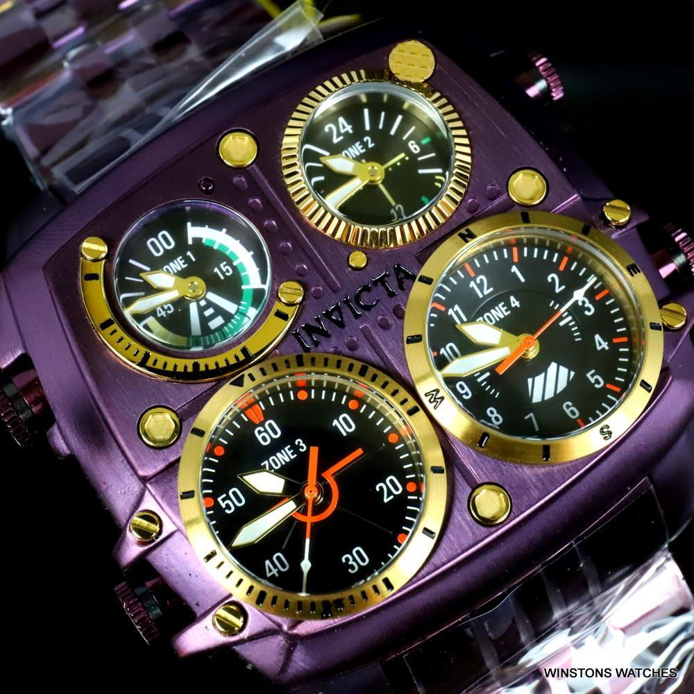 Invicta Aviator Zulu Purple Stainless Steel Bracelet Quad Time 50mm Watch New