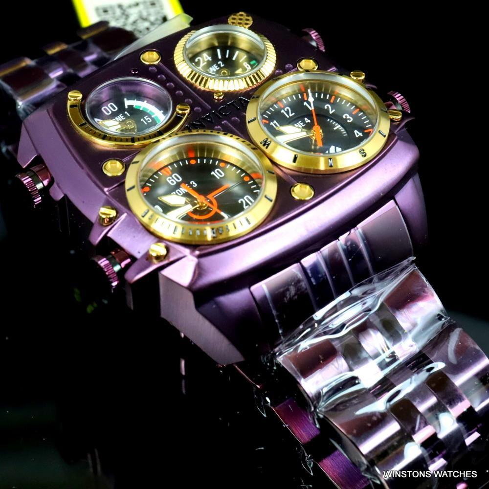 Invicta Aviator Zulu Purple Stainless Steel Bracelet Quad Time 50mm Watch New