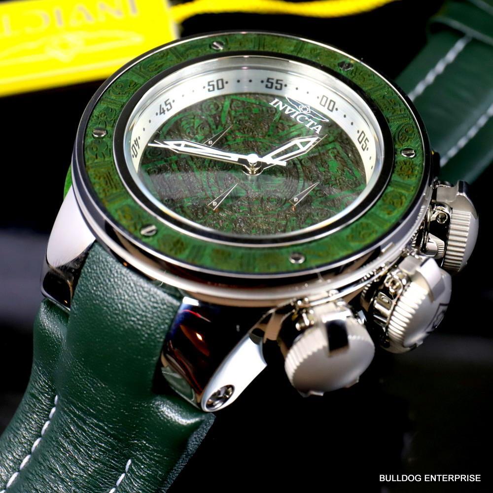 Invicta Subaqua Sea Dragon Wooden Aztec 52mm Green Leather Chronograph Watch New