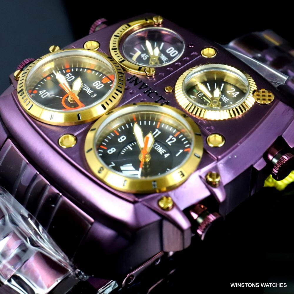 Invicta Aviator Zulu Purple Stainless Steel Bracelet Quad Time 50mm Watch New