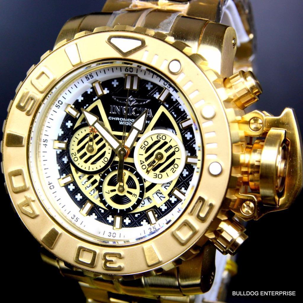 Invicta Sea Hunter III Black 70mm Swiss Mvt Chrono 18kt Gold Plated Watch New