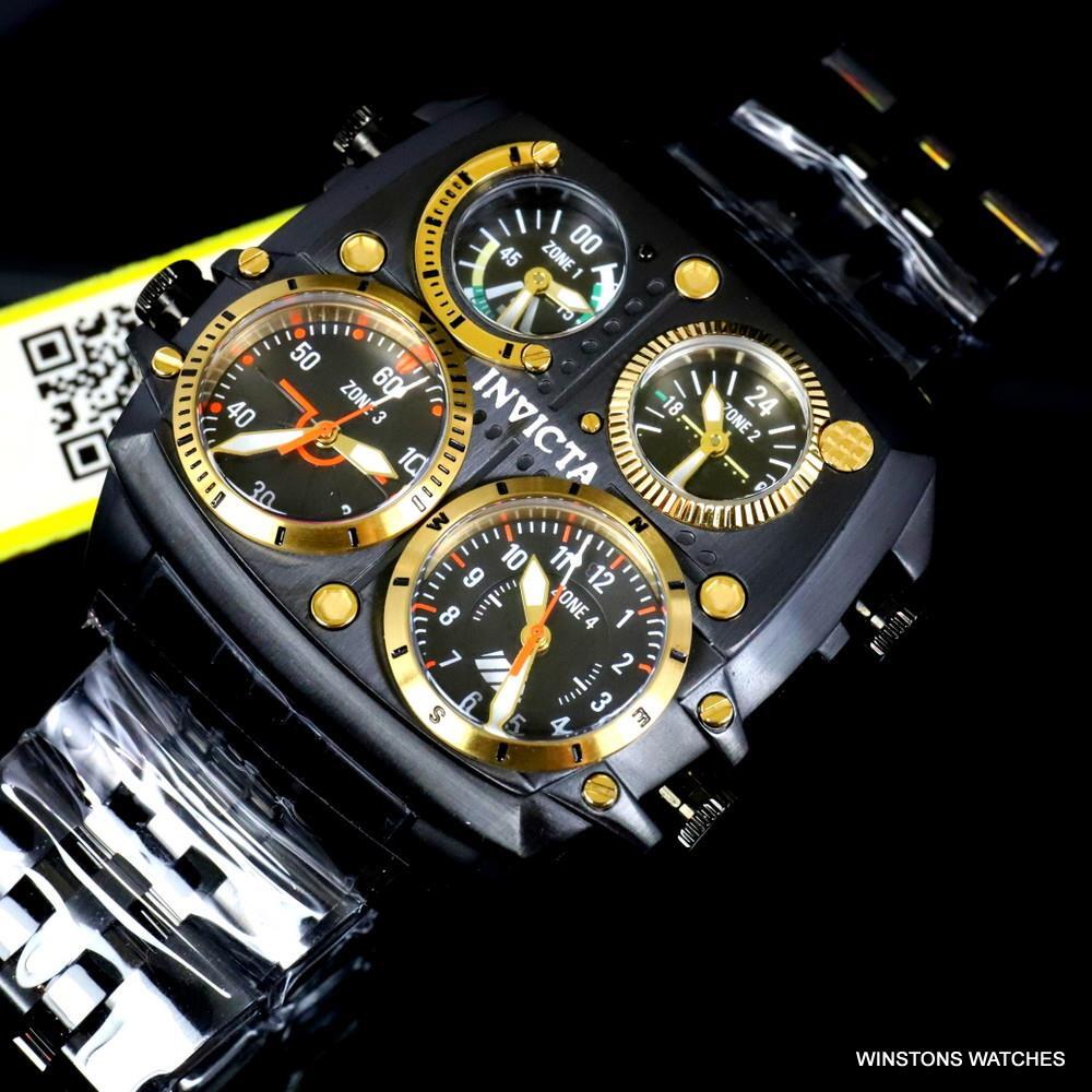 Invicta Aviator Zulu Black Stainless Steel Bracelet Quad Time 50mm Watch New