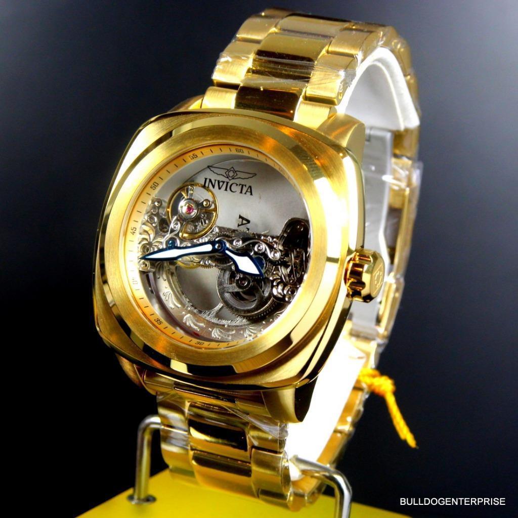 Mens Invicta Aviator Ghost Bridge Mechanical Skeleton Gold Plated 48mm Watch New
