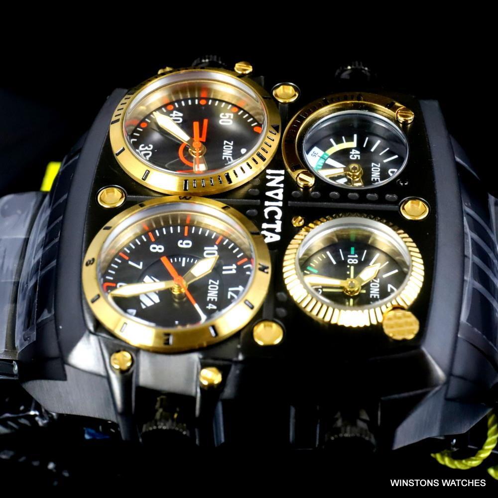 Invicta Aviator Zulu Black Stainless Steel Bracelet Quad Time 50mm Watch New