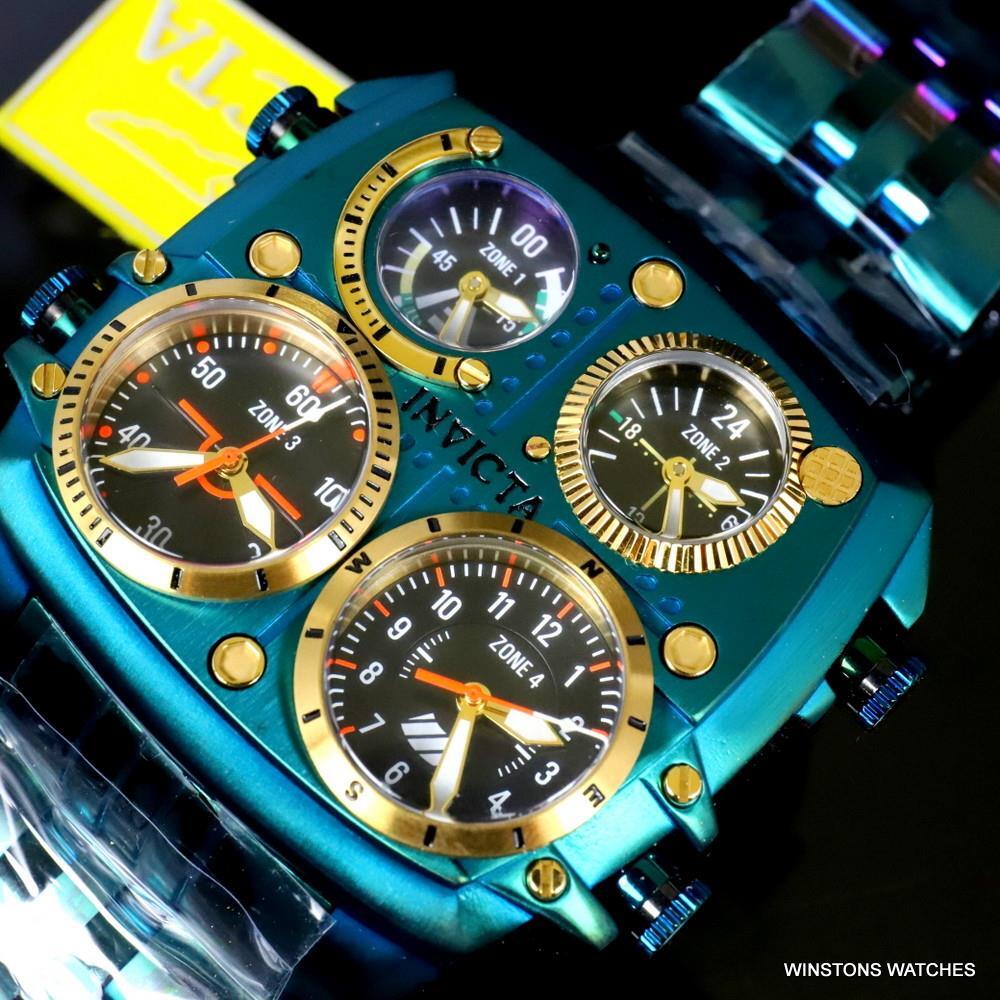 Invicta Aviator Zulu Green Stainless Steel Bracelet Quad Time 50mm Watch New