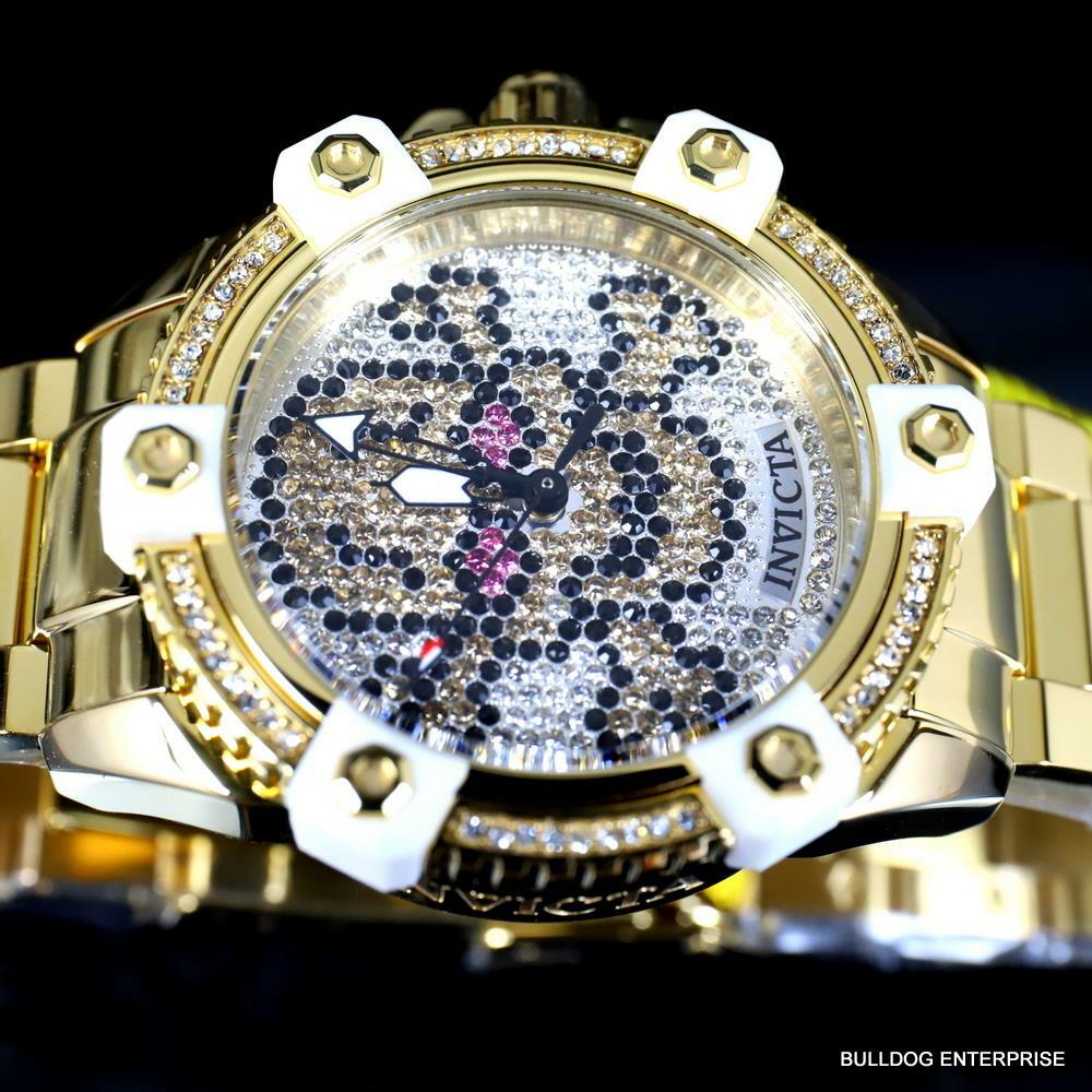 Womens Invicta Octane Skull Sparkling Crystals Gold Plated Steel 38mm Watch New