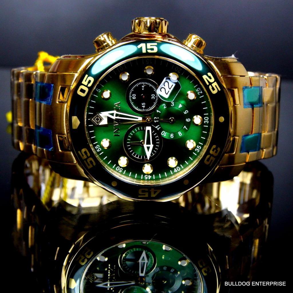 Mens Invicta Pro Diver Scuba 18kt Gold Plated Chronograph Green 48mm Watch New