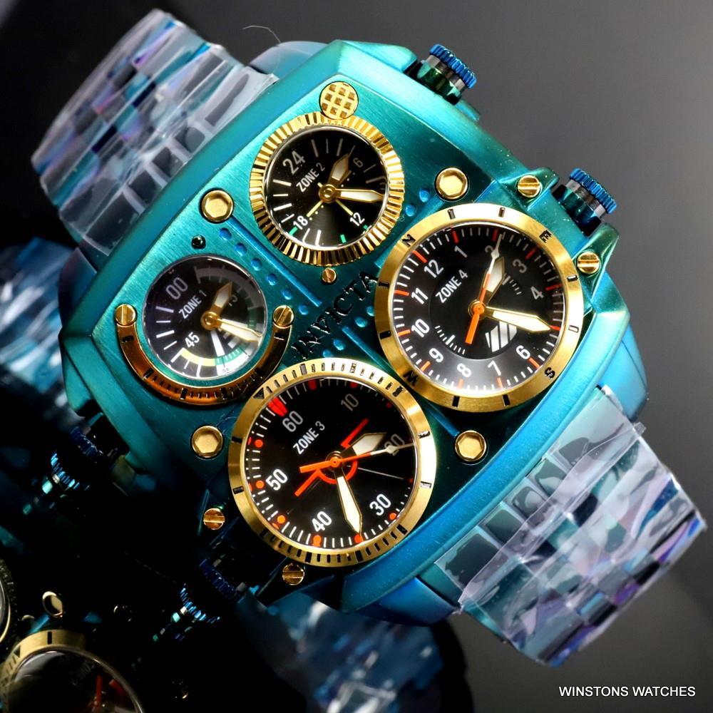 Invicta Aviator Zulu Green Stainless Steel Bracelet Quad Time 50mm Watch New